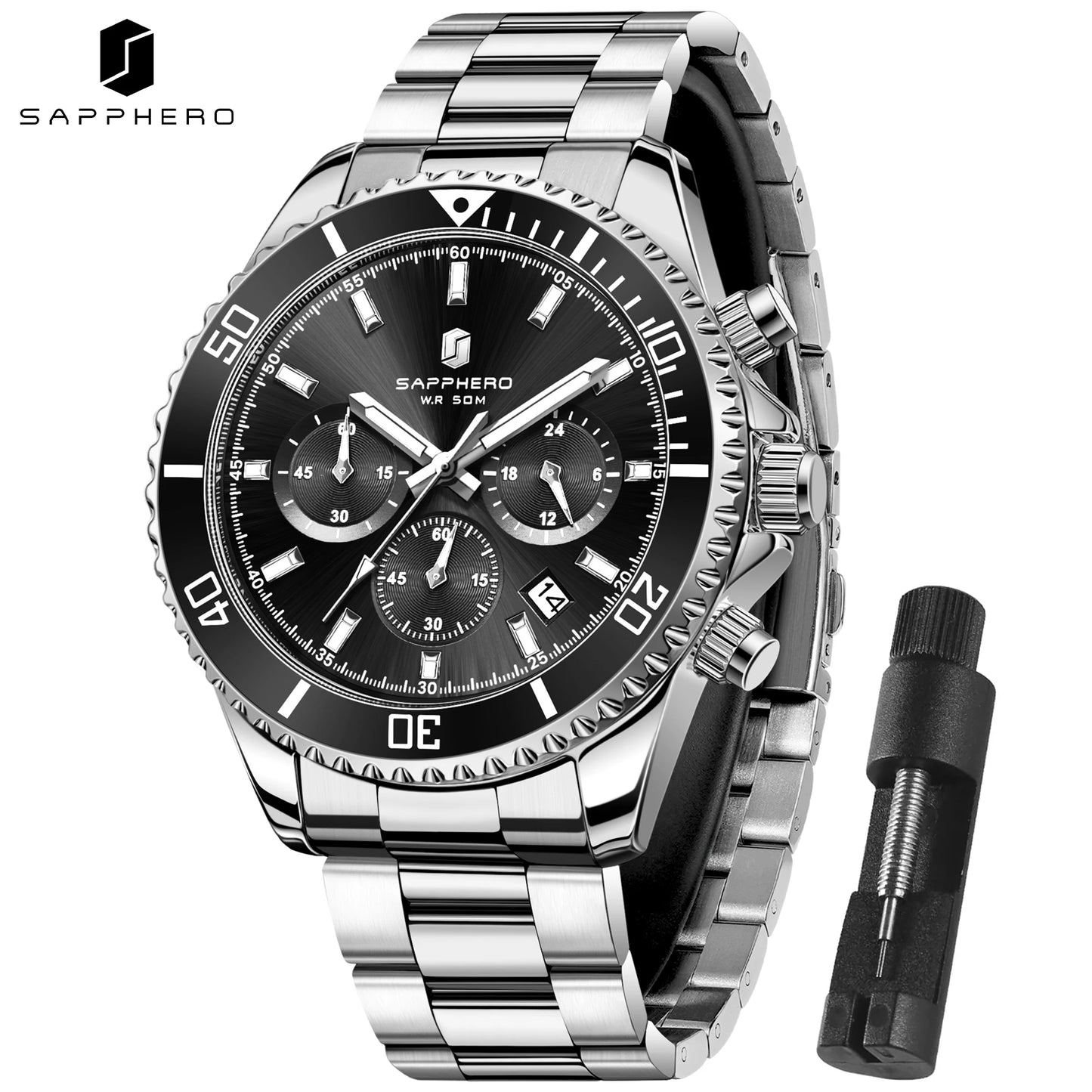 SAPPHERO Men’s Quartz Watch Luxury Chronograph Sport Wristwatch Stainless Steel Waterproof 50M Date Luminous Business Watch