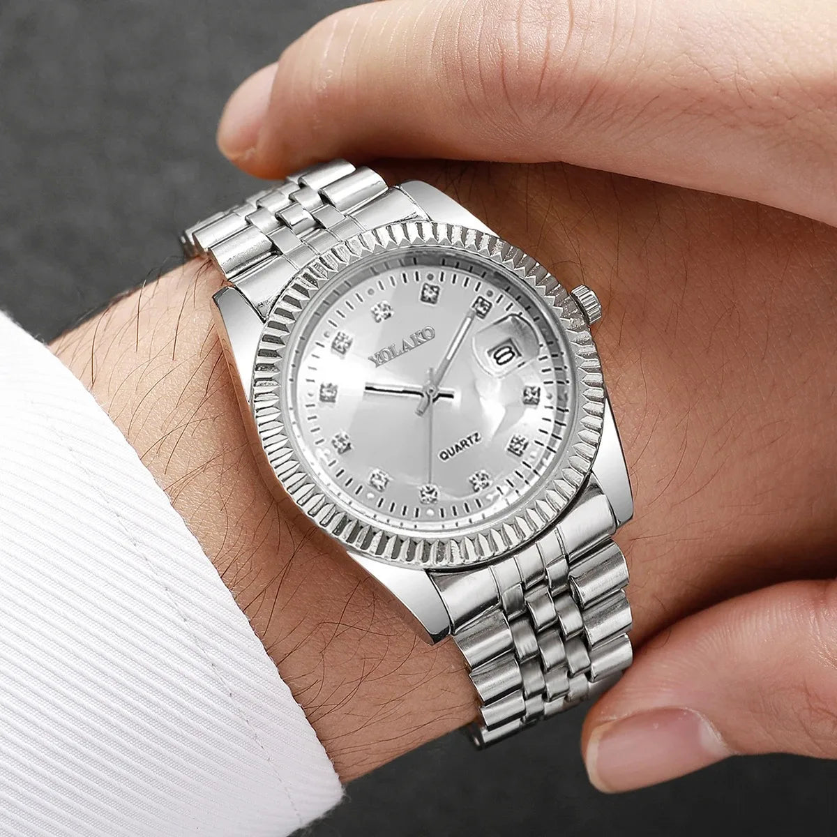 Luxury Men Calendar Quartz Watch Fashion Rhinestone Steel Men's Business Watches Reloj Hombre Clock Gift(Without Box)