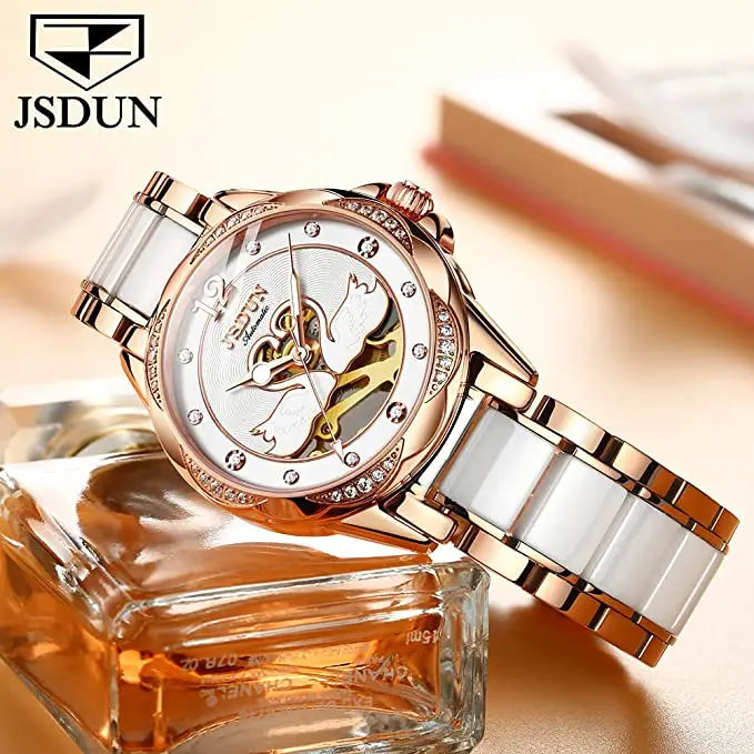 Luxury Mechanical Women Watch Love Swan Design Skeleton Elegant Ceramics Strap Waterproof Ladies Wristwatch Girls Dress Watch