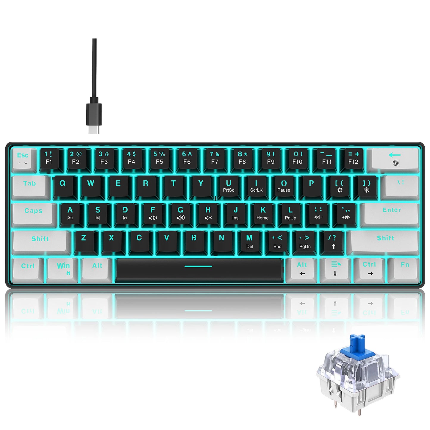 61 Keys Mechanical Gaming Keyboard RGB LED Backlit Compact Wired Red Switches Colorful Keycaps for Desktop Computers