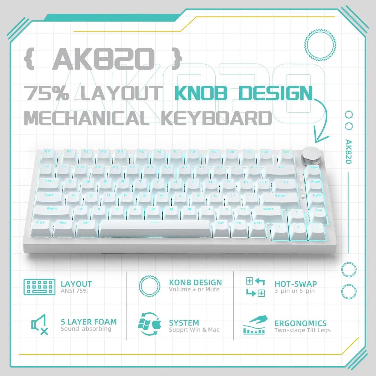 AJAZZ AK820 Wired Gaming Mechanical Keyboard RGB Backlight Hot-Swap Switches, 70% Compact Layout, PC/Mac Compatible