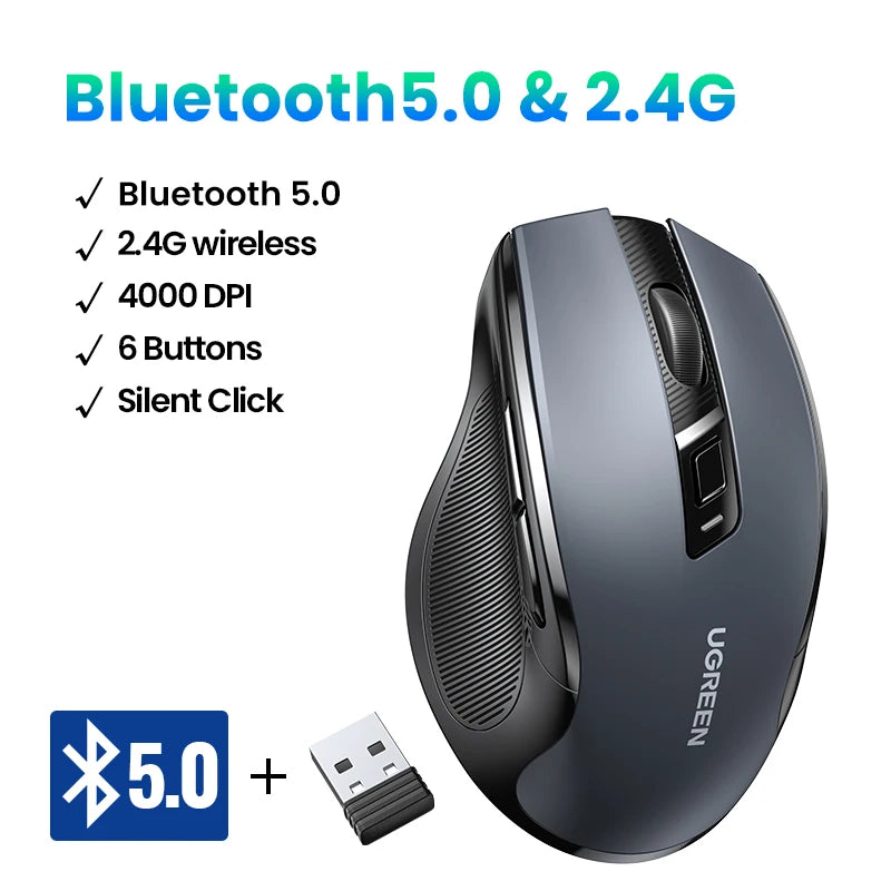 UGREEN Wireless Ergonomic Mouse 4000 DPI Silent Wireless Mouse with 6 Buttons, 2.4G & Bluetooth Ergonomic Mouse for Laptop, MacBook, PC & Tablet