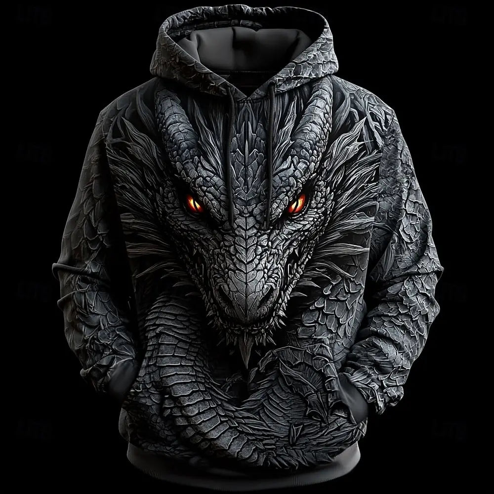 Sudadera con capucha 3D de dragón para hombre, moderna y llamativa, de manga larga, cuello redondo, estilo streetwear para diario, fiestas y vacaciones, otoño e invierno, chaqueta de chándal