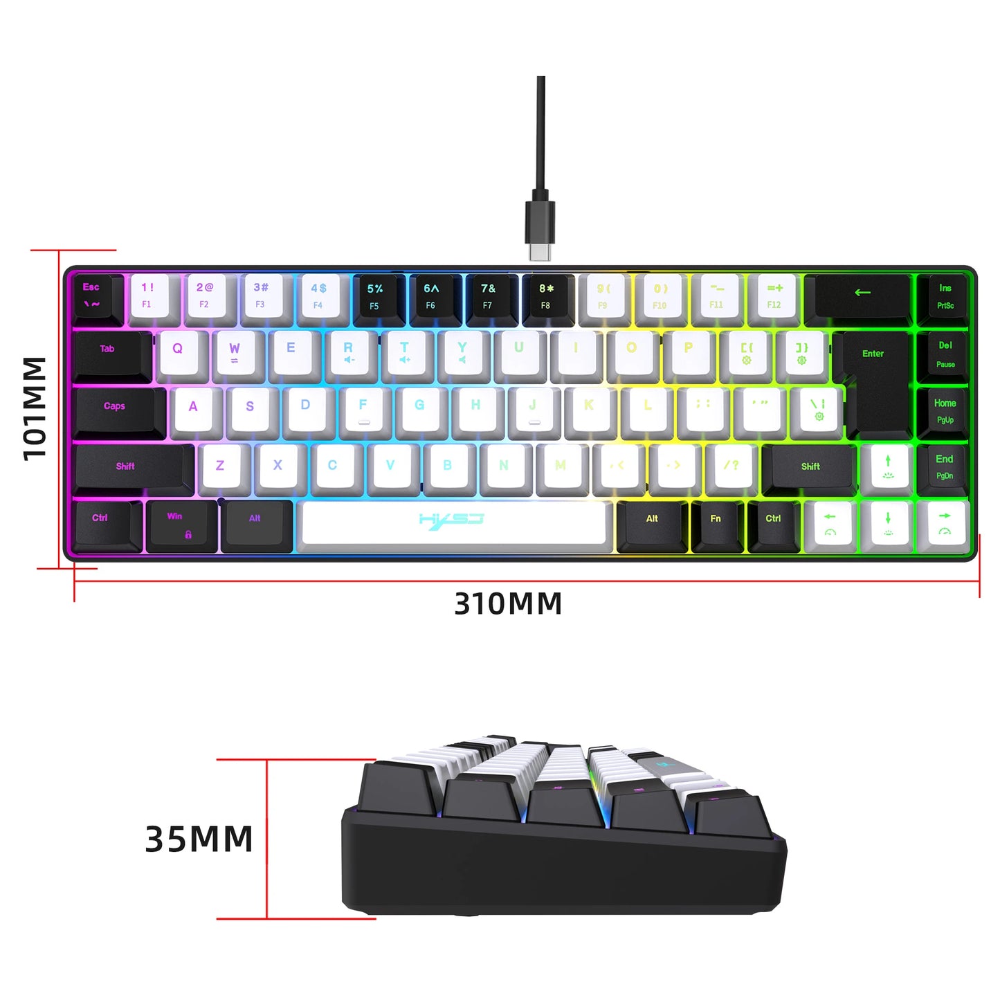 68 Keys Gaming Keyboard USB Wired Portable 20 RGB Backlight Keyboard Black and White Keycaps for Windows Laptops Computer