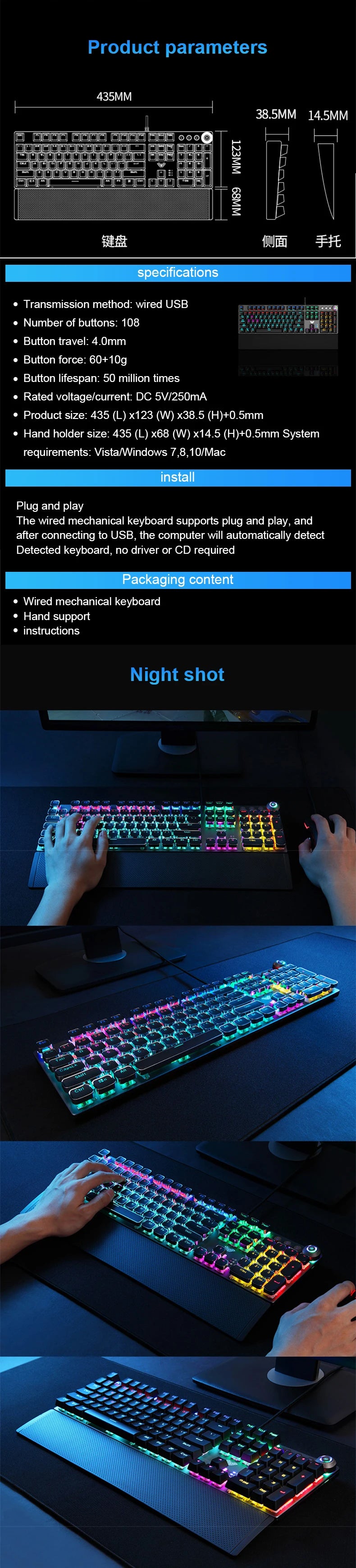 AULA F2088 Mechanical Keyboard Wired Gaming Keyboard Multi-Function Knob 104 Keys Magic Backlit Keyboard Macro Programming Compu