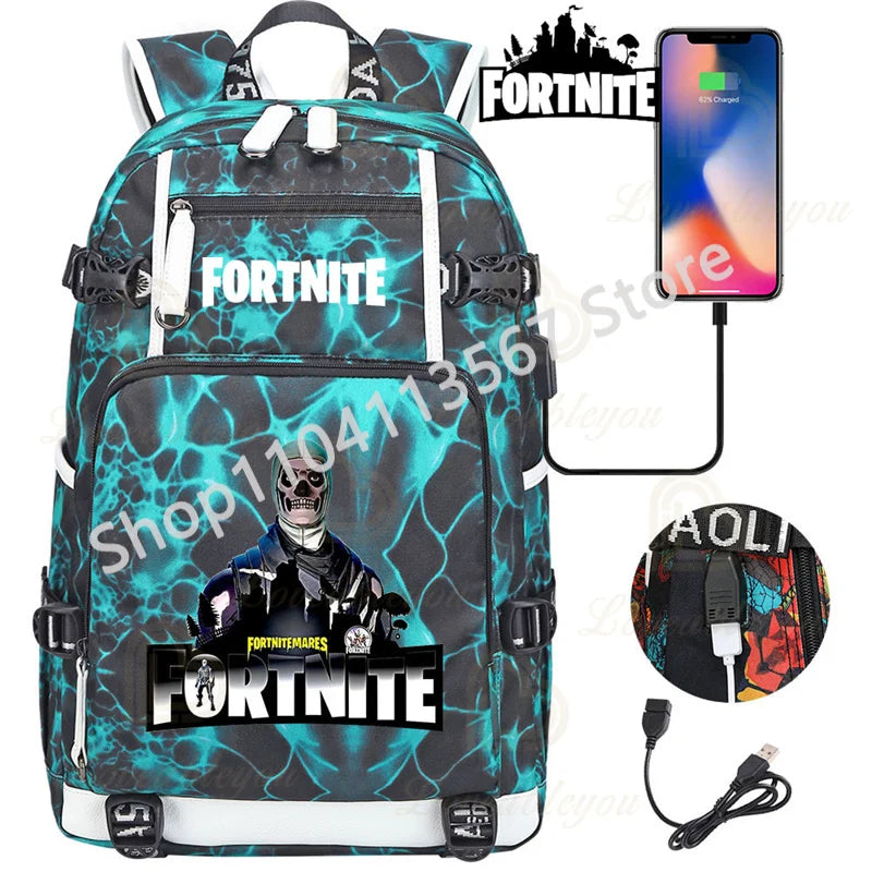 Ultima Knight F-Fortnited Battle Royale Backpack with USB Charging Anime Figures Study Stationery Compartment for Students