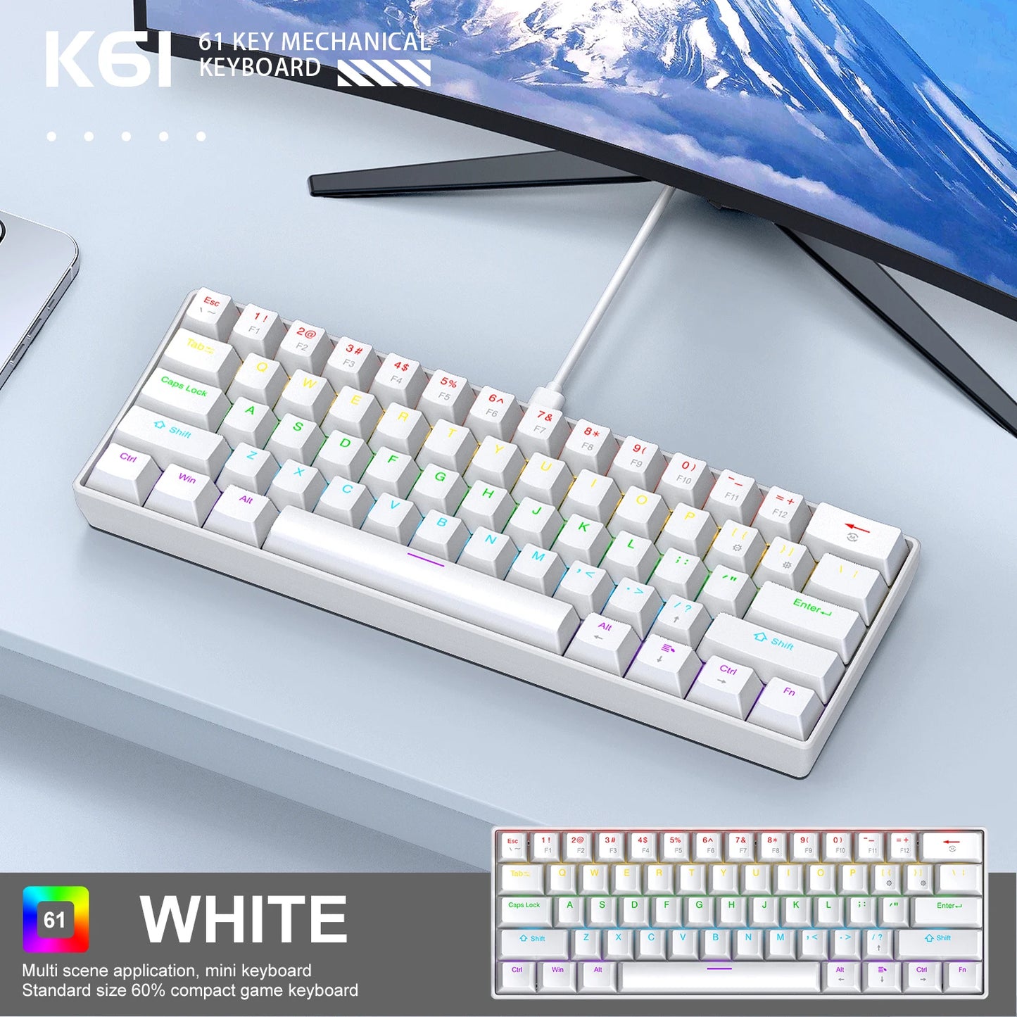 61 Keys RGB Mechanical Keyboard Wired K61 Mini Keyboard 60% Portable Black,White, Red/Blue Switch for Gaming\Work