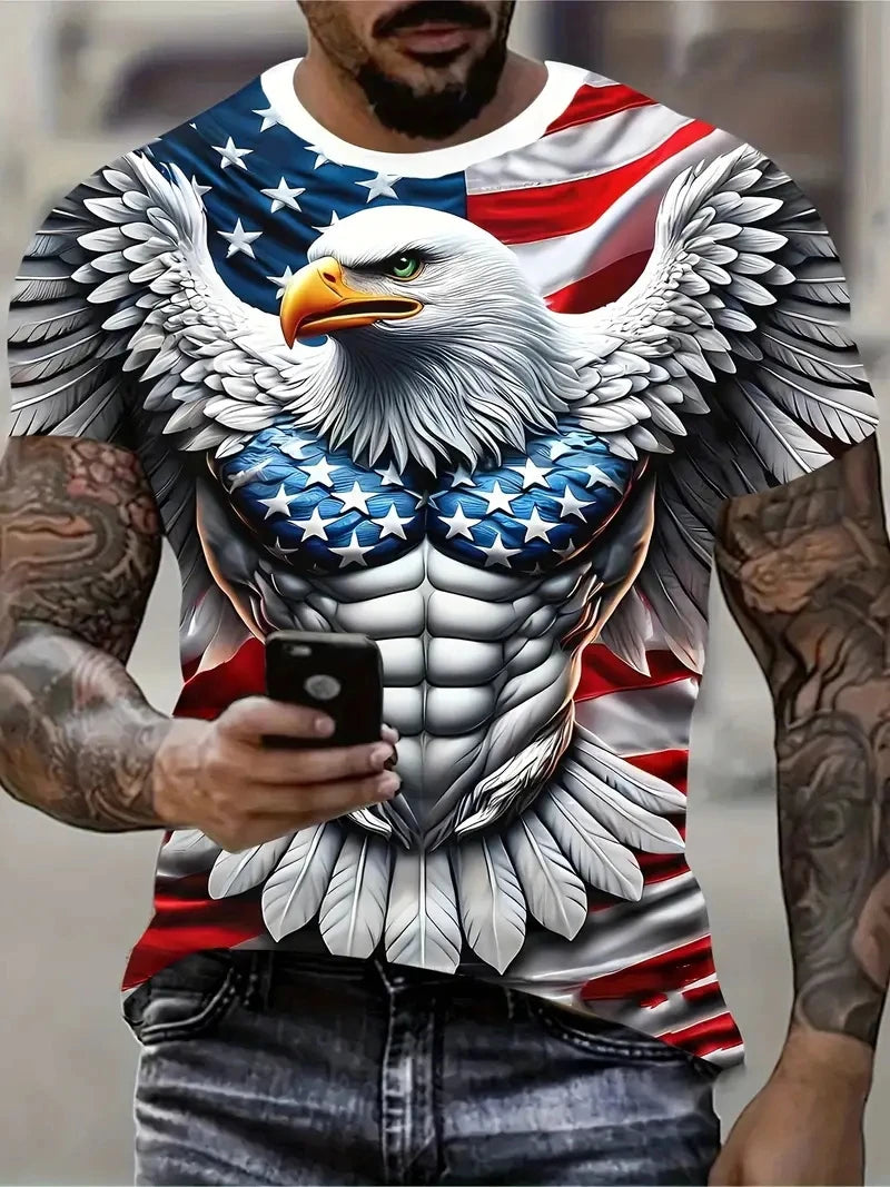 T-shirt para Homem com Novo Padrão de Águia Cool, Estampado 3D de Águia em Chamas, Streetwear de Verão, Manga Curta, Tops e T-shirts para Homem