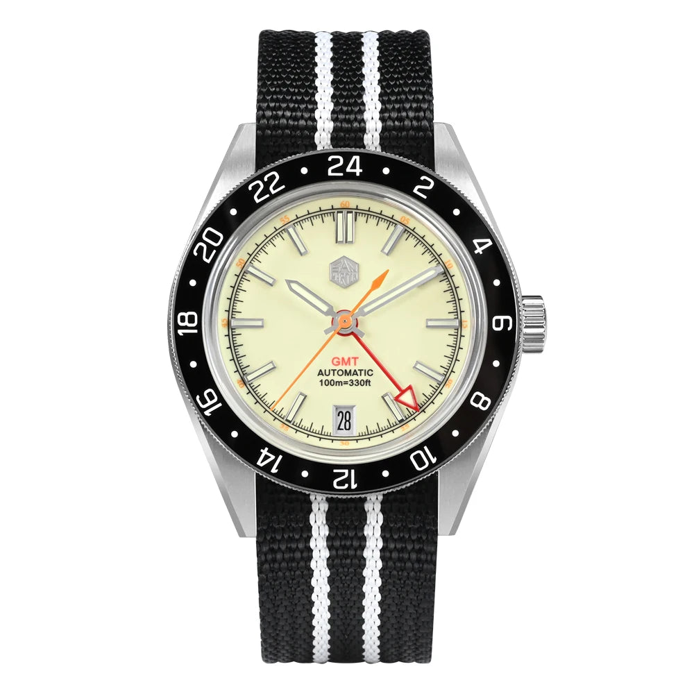 Relógio Automático Masculino San Martin 39.5mm Edição Limitada com Mostrador Full Lume NH34 GMT 6H Data 10Bar Luxo Kol Saati SN0116W