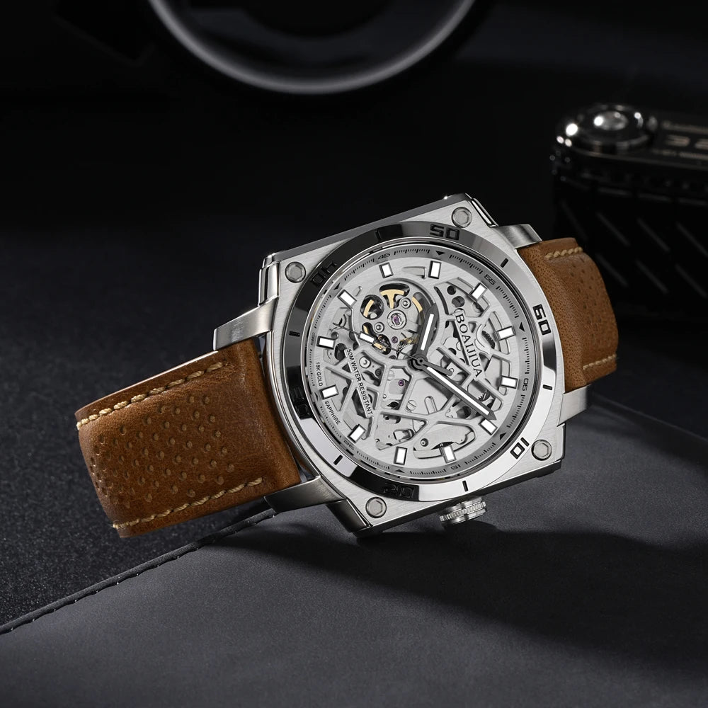 BORIAGE(BOAIJIUA) Men's Fully Automatic Mechanical Watch Original Design Cut out 50m Water Resistant Luminous Wristwatch