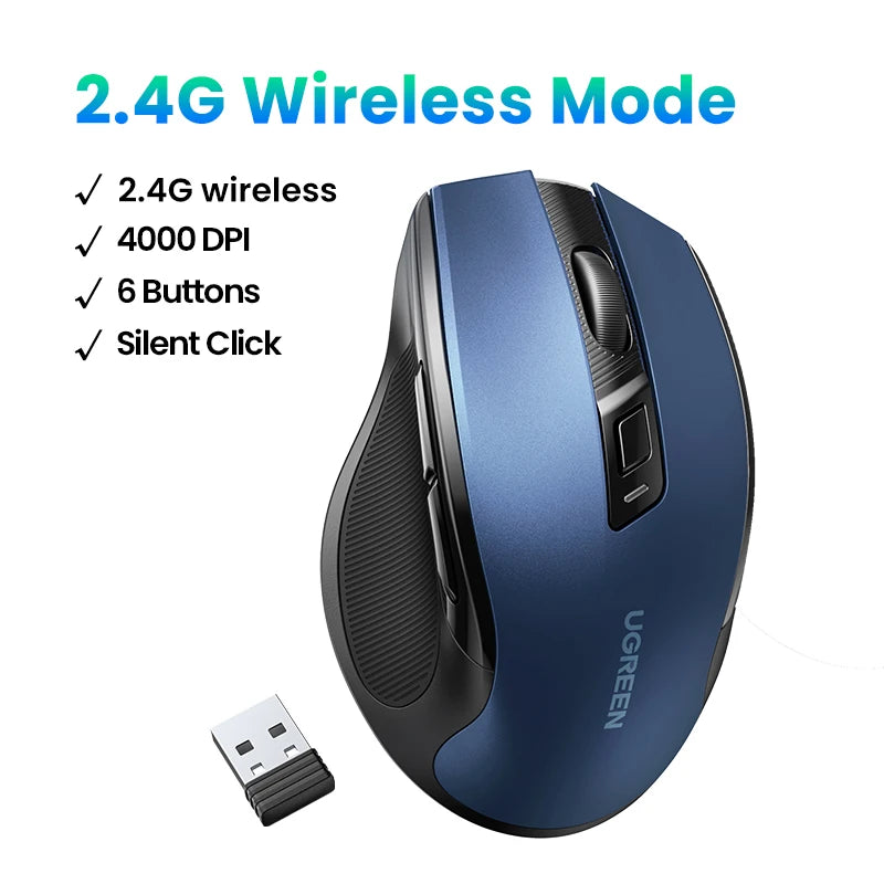 UGREEN Wireless Ergonomic Mouse 4000 DPI Silent 2.4GHz 6-Button Mouse for Laptop, MacBook, PC & Tablet