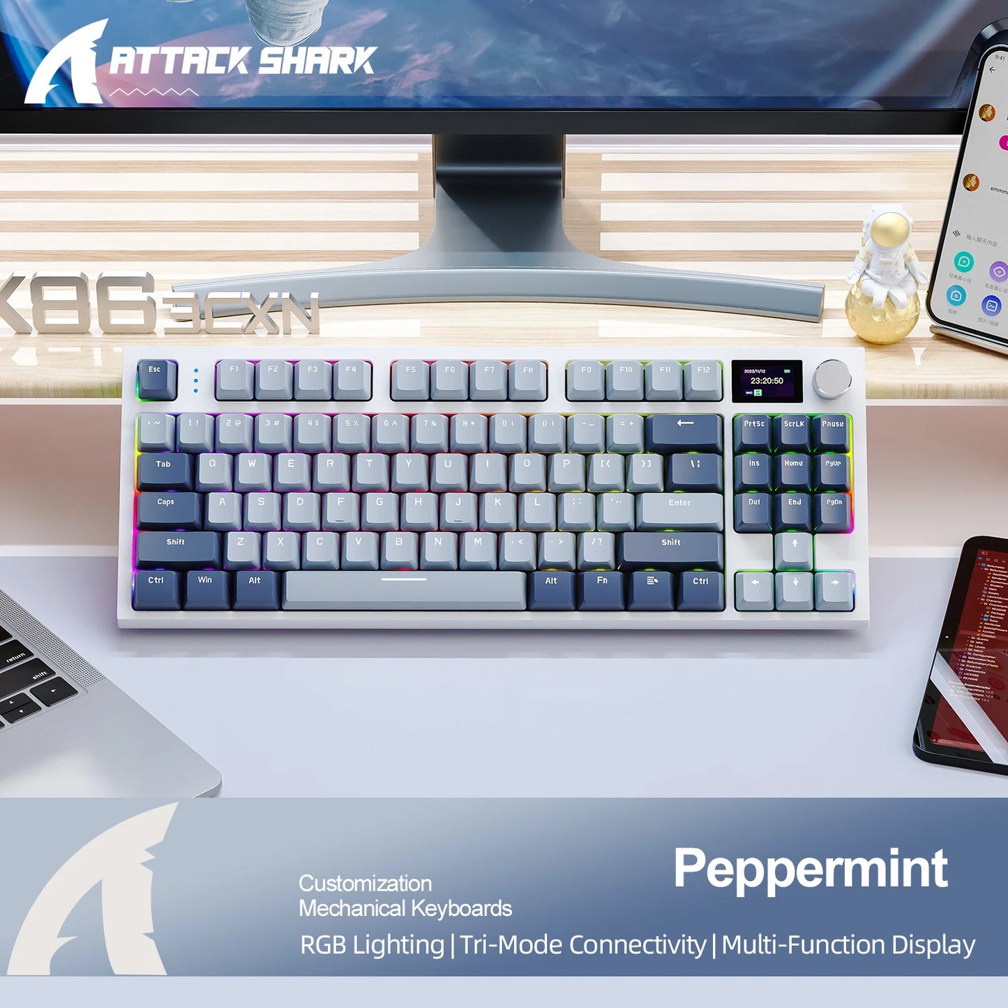 Attack Shark K86 Wireless Mechanical Keyboard, TFT Display, Metal Knob,RGB Backlit, Hot-Swappable, Bluetooth for Gaming & Office