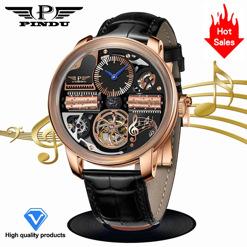 2025 NEUE PINDU Design Music Series Herrenuhr mit mechanischem Uhrwerk, Edelstahl, Saphirglas, luxuriöse automatische Uhr mit skelettiertem Design