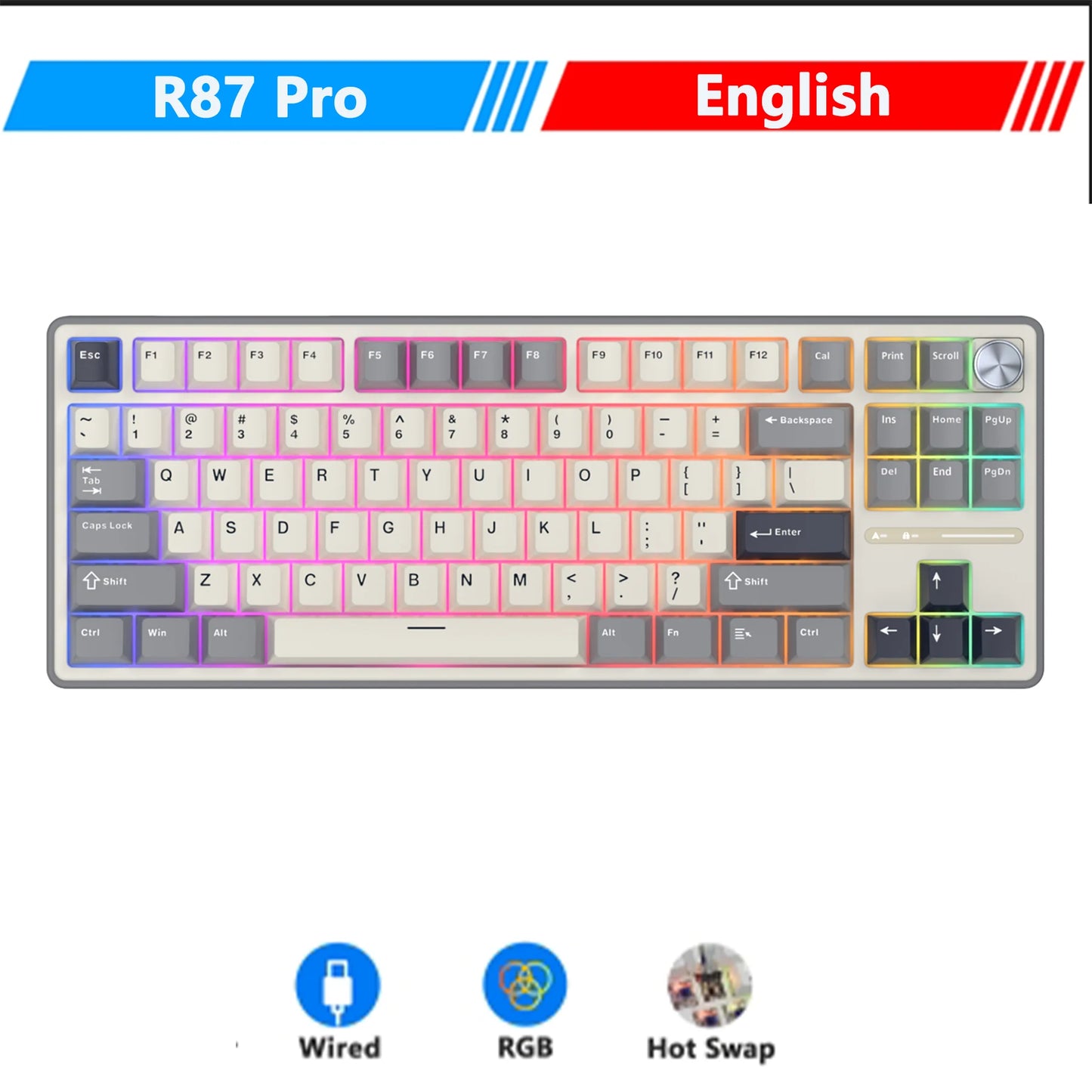 RK Royal Kludge RK R87Pro Gasket Wired Gamer Keyboard Hot-swappable 88 Keys Mechanical Keyboard 88% RGB Backlit With PBT Keycaps
