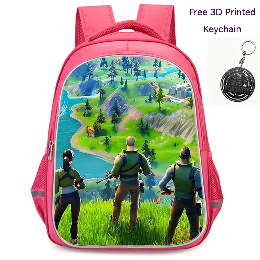 Mochila FORTNITE de 16 polegadas, resistente e leve, bolsos duplos com fecho, estilo cartoon para rapazes e raparigas dos 6 aos 10 anos, porta-chaves 3D impresso grátis