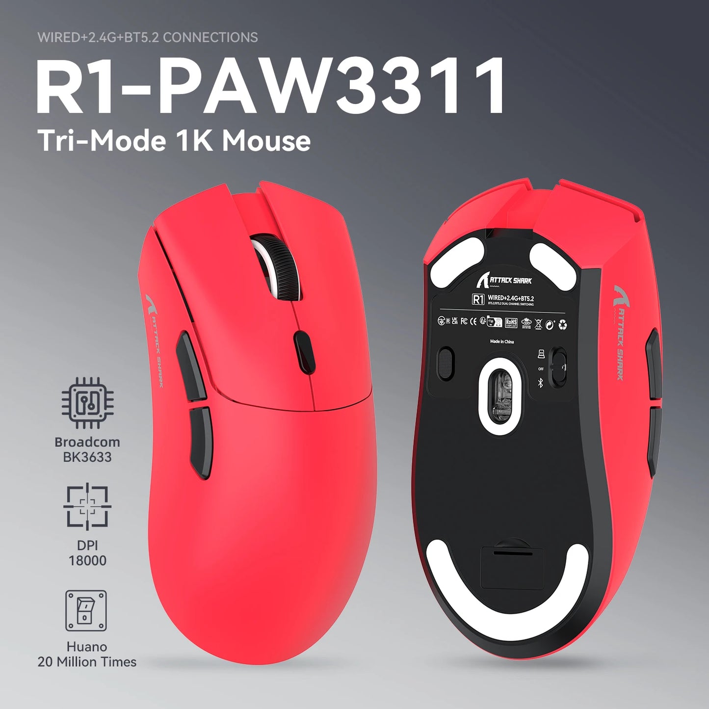 Rato Gaming Tri-Mode ATTACK SHARK R1, Sensor PixArt PAW3311, 18000 DPI, 1000hz, ultraleve 59g para mãos grandes, para PC/Mac