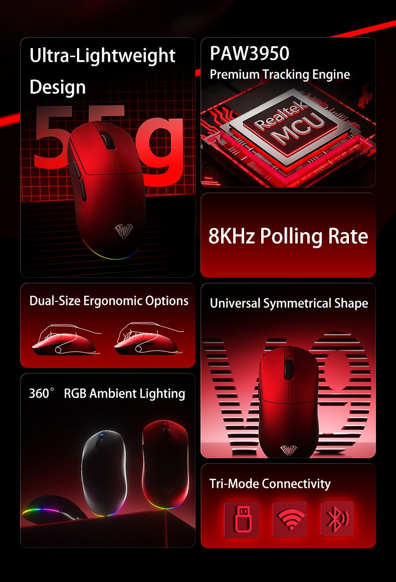 Aula V9 Ultra bezdrôtová e-športová herná myš Double 8k 3mode PAW 3950 8k, 55g, ľahká ergonomická myš, prispôsobiteľné príslušenstvo k PC