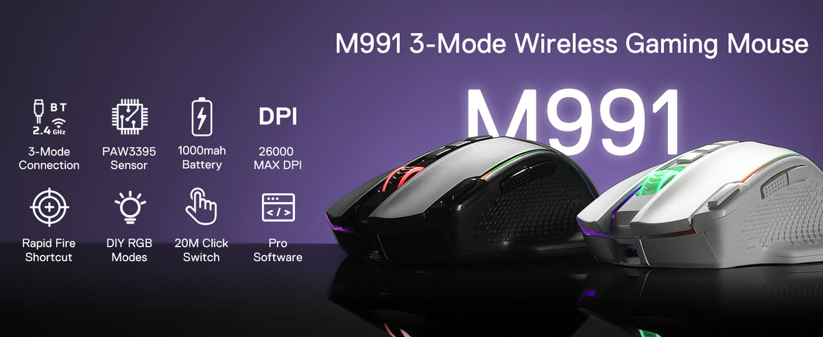 Rato Gaming Sem Fios Redragon M991 26000 DPI 3 Modos para Jogadores, 9 Botões Macro, Iluminação RGB, Preto