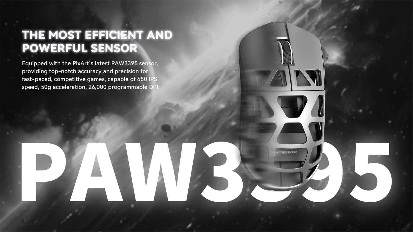 Herní myš ATTACK SHARK R3 z hořčíkové slitiny 8K SUPERLIGHT, 8000Hz, 6 nastavitelných úrovní DPI až do 26000, PAW3395, BT/2.4G bezdrátová/kabelová