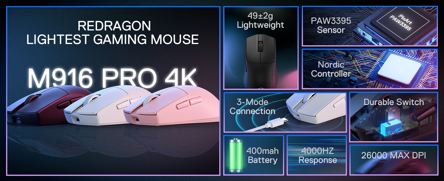 Redragon M916 PRO 3-läges trådlös gamingmus, Hype-Speed 4K polling rate, 49G ultralätt 26K DPI gamermus