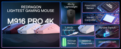 Redragon M916 PRO 3-läges trådlös gamingmus, Hype-Speed 4K polling rate, 49G ultralätt 26K DPI gamermus