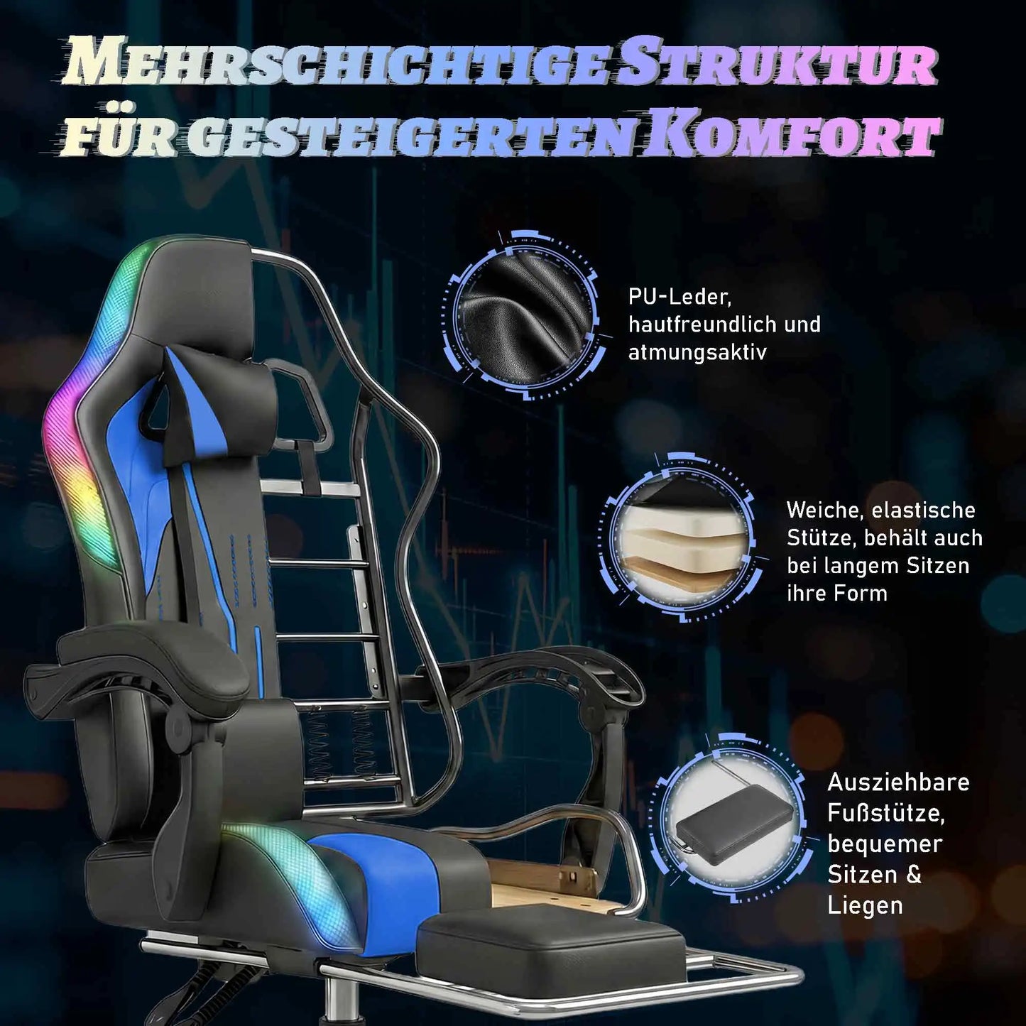 Devoko Ergonomic Gaming Chair with RGB Lighting, Footrest, Lumbar Support, Reclining Adjustable Height Computer Gaming Chair