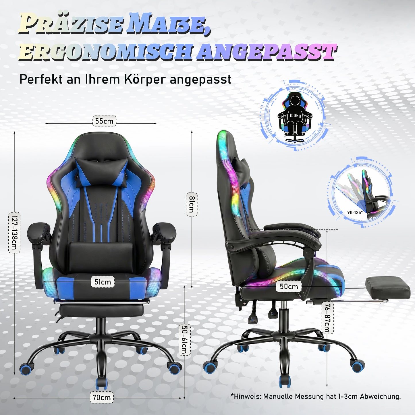 Devoko Ergonomic Gaming Chair with RGB Lighting, Footrest, Lumbar Support, Reclining Adjustable Height Computer Gaming Chair