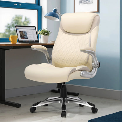 COMHOMA Ergonomic Office Chair with High Backrest, Folding Armrests, Leather Desk Chair, Adjustable Executive Swivel Chair with Lumbar Support