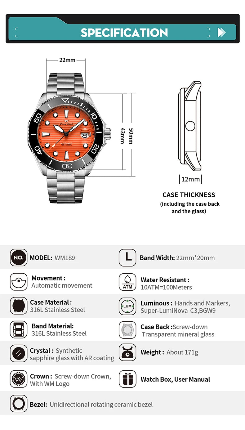 WM Watch Automatic Mechanical Watches Ceramic Bezel Anti-reflective Coating 100 Water Resistant Sapphire Welly Merck Watch 189M