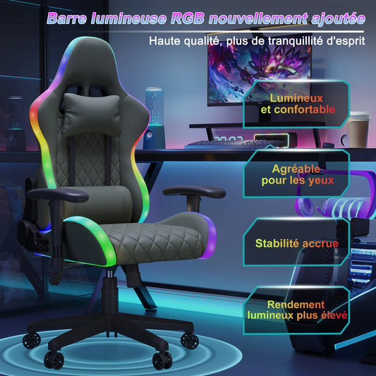 Superaly Ergonomic Gaming Chair with RGB LED Lights, PU Leather Gaming Chair, Adjustable Gaming Office Chair with Headrest, Lumbar Support & Reclining Backrest