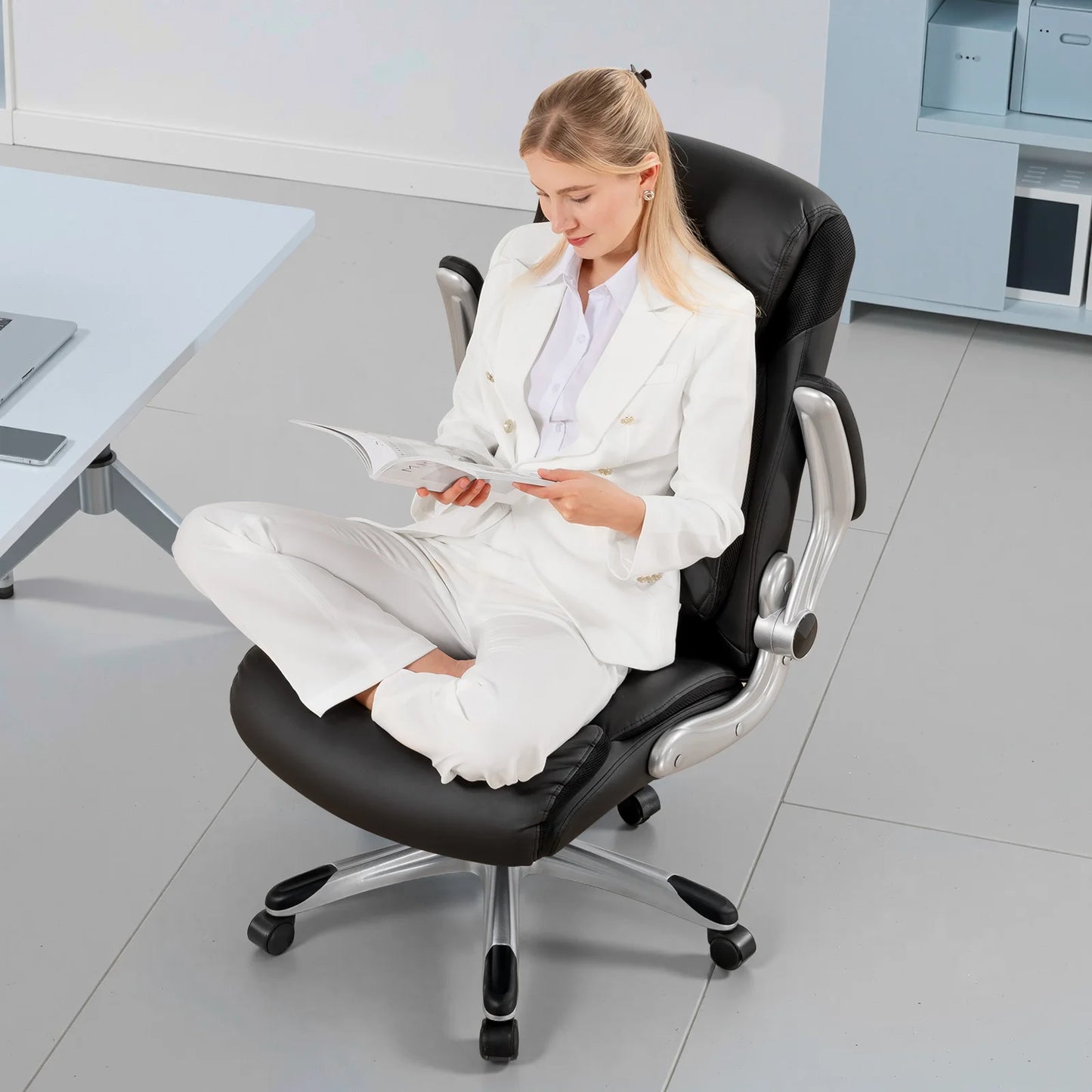COMHOMA Ergonomic Office Chair with High Backrest, Folding Armrests, Leather Desk Chair, Adjustable Executive Swivel Chair with Lumbar Support