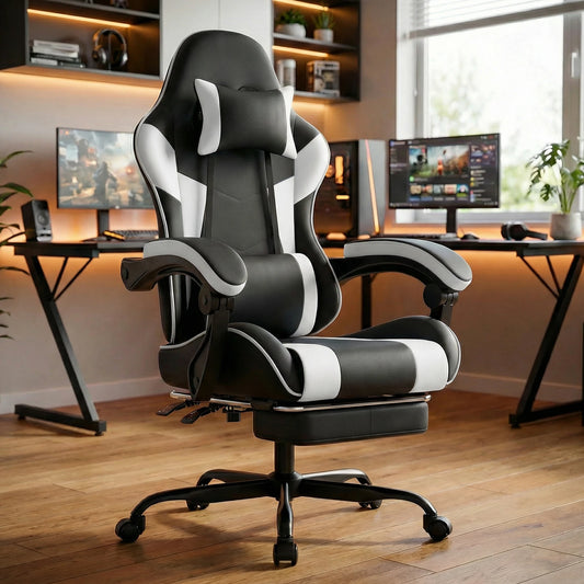 Ergonomic Gaming Chair with Footrest, PU Leather Computer Chair with Lumbar Support, Adjustable Reclining High-Back Swivel Office Chair for Gaming & Work