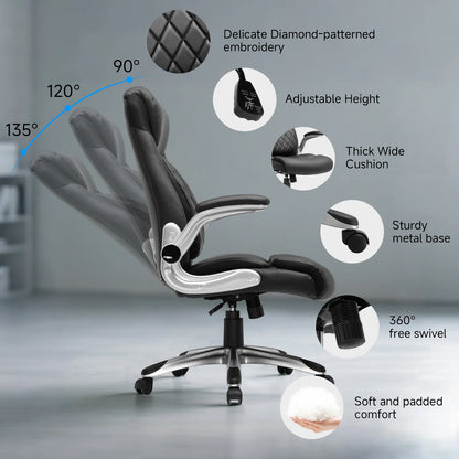 COMHOMA Ergonomic Office Chair with High Backrest, Folding Armrests, Leather Desk Chair, Adjustable Executive Swivel Chair with Lumbar Support