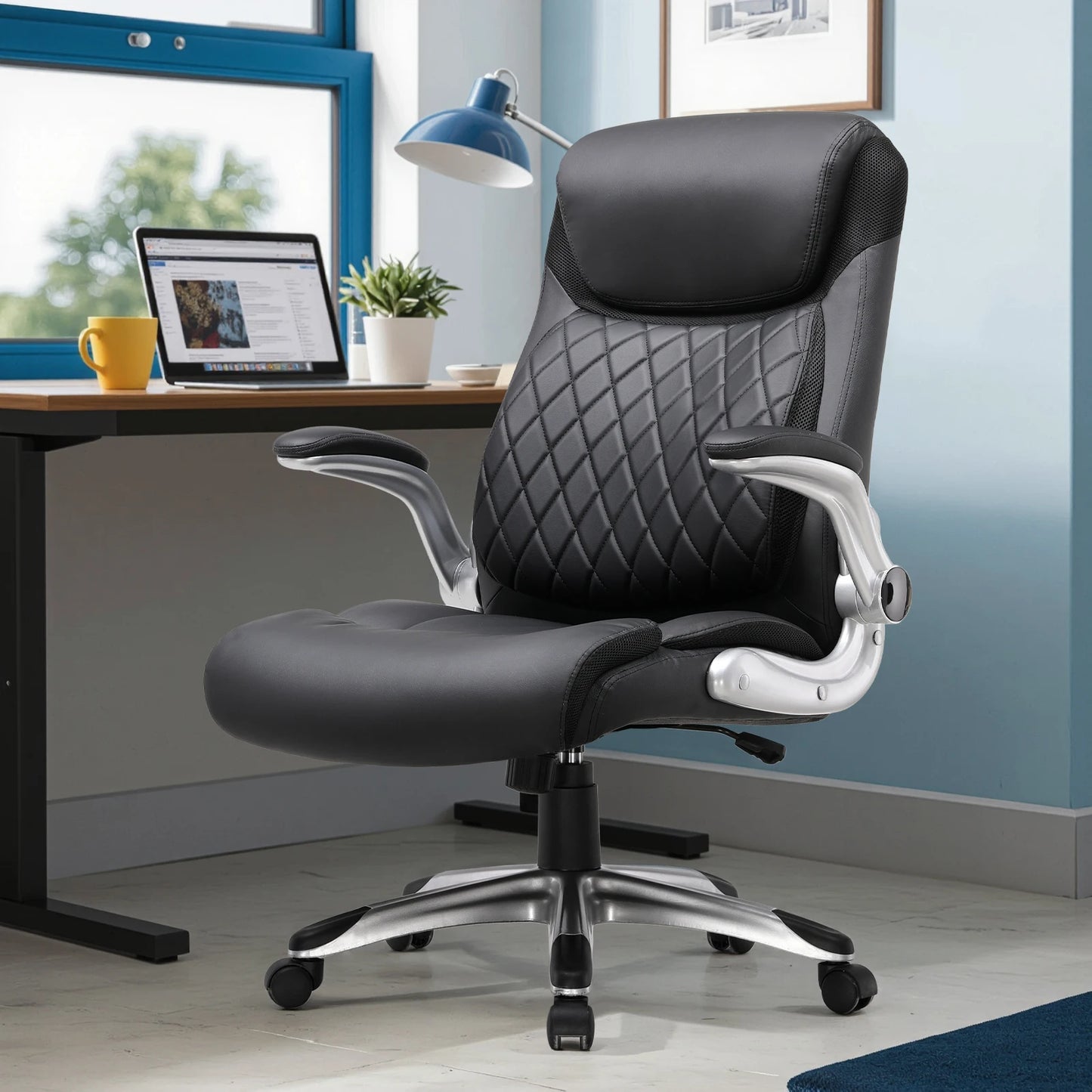 COMHOMA Ergonomic Office Chair with High Backrest, Folding Armrests, Leather Desk Chair, Adjustable Executive Swivel Chair with Lumbar Support