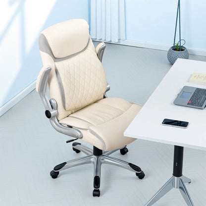 COMHOMA Ergonomic Office Chair with High Backrest, Folding Armrests, Leather Desk Chair, Adjustable Executive Swivel Chair with Lumbar Support