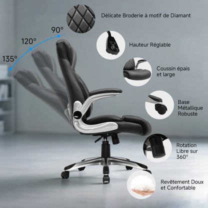COMHOMA Ergonomic Office Chair with High Backrest, Folding Armrests, Leather Desk Chair, Adjustable Executive Swivel Chair with Lumbar Support