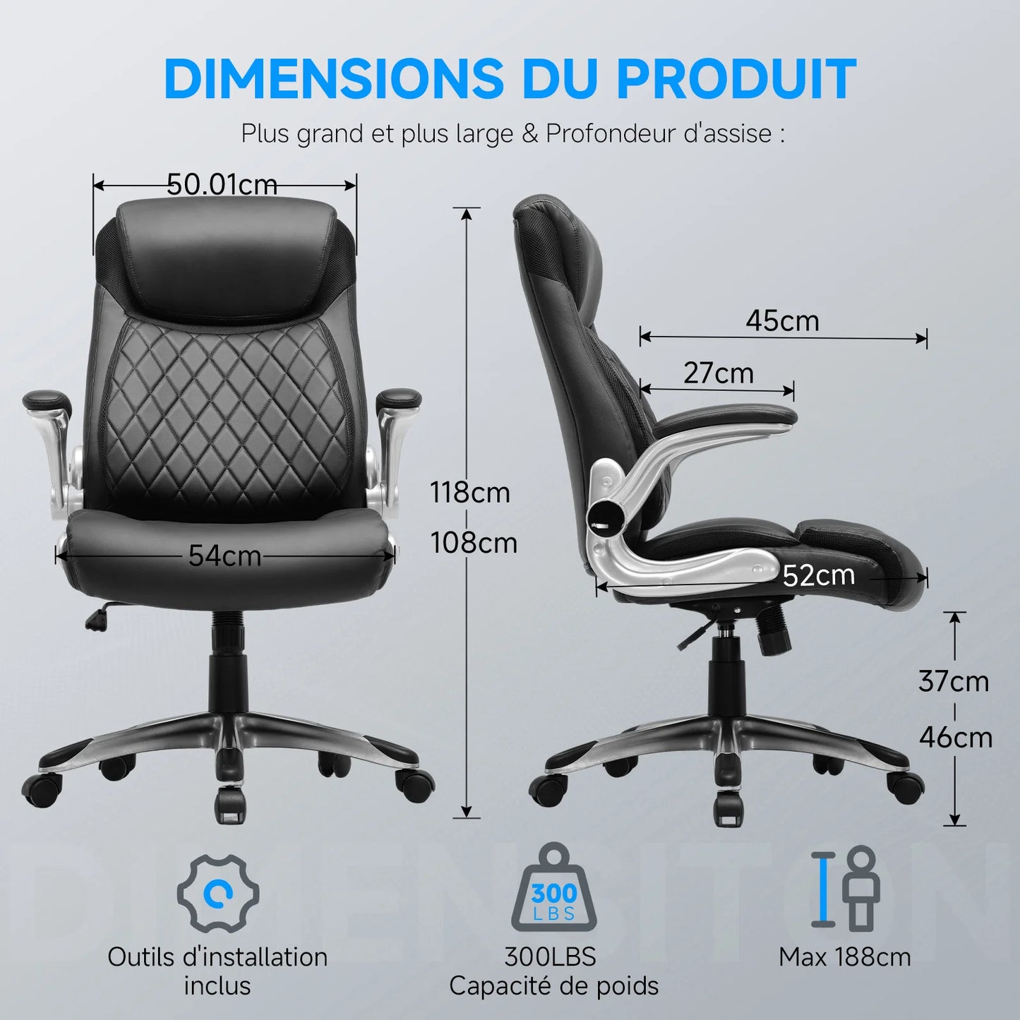 COMHOMA Ergonomic Office Chair with High Backrest, Folding Armrests, Leather Desk Chair, Adjustable Executive Swivel Chair with Lumbar Support