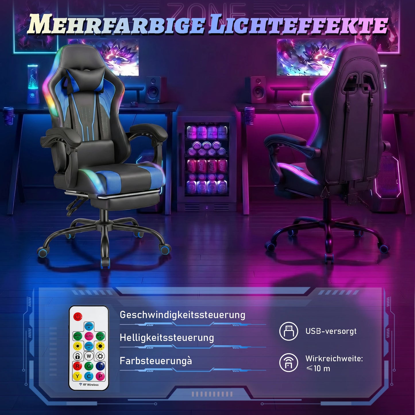 Devoko Ergonomic Gaming Chair with RGB Lighting, Footrest, Lumbar Support, Reclining Adjustable Height Computer Gaming Chair