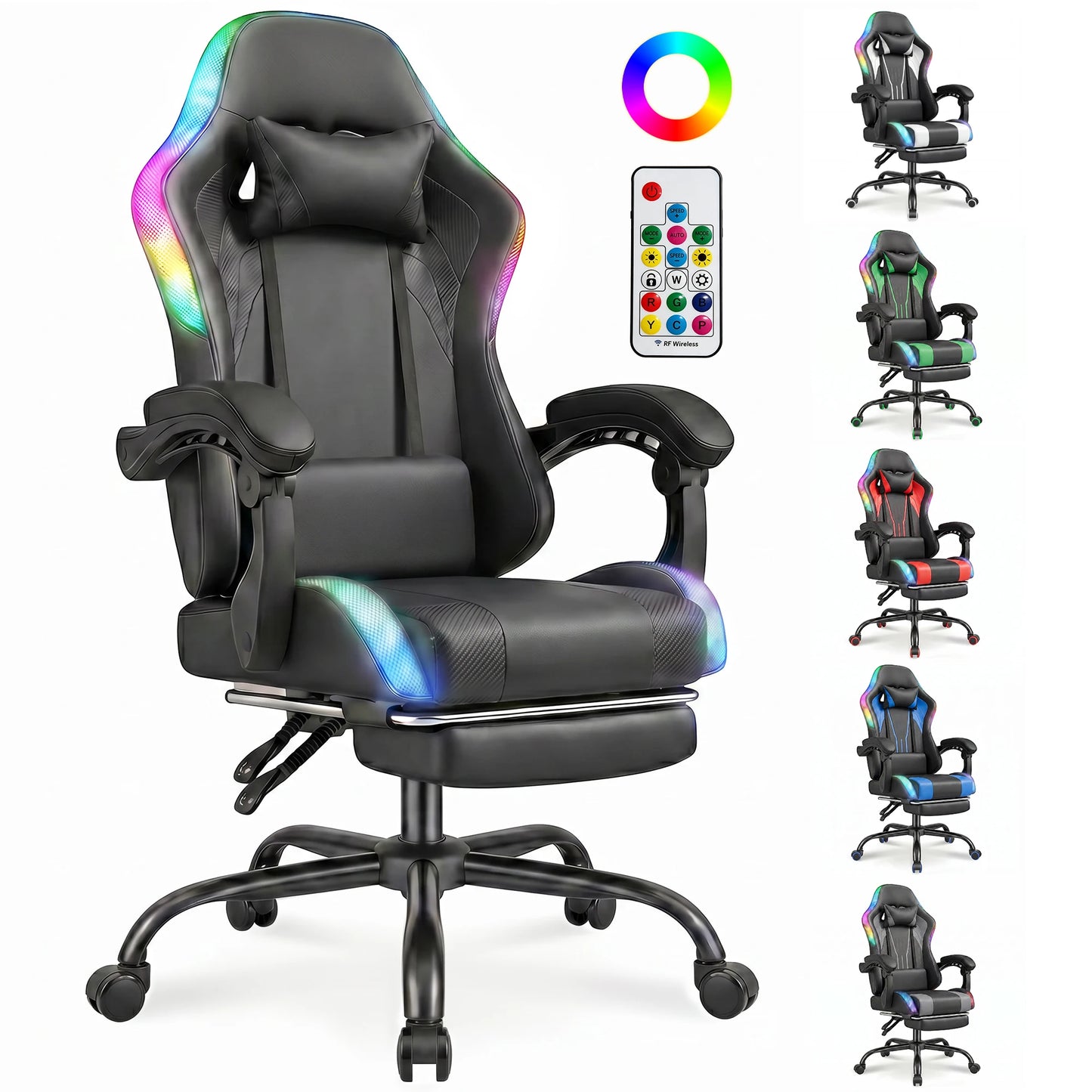 Devoko Ergonomic Gaming Chair with RGB Lighting, Footrest, Lumbar Support, Reclining Adjustable Height Computer Gaming Chair