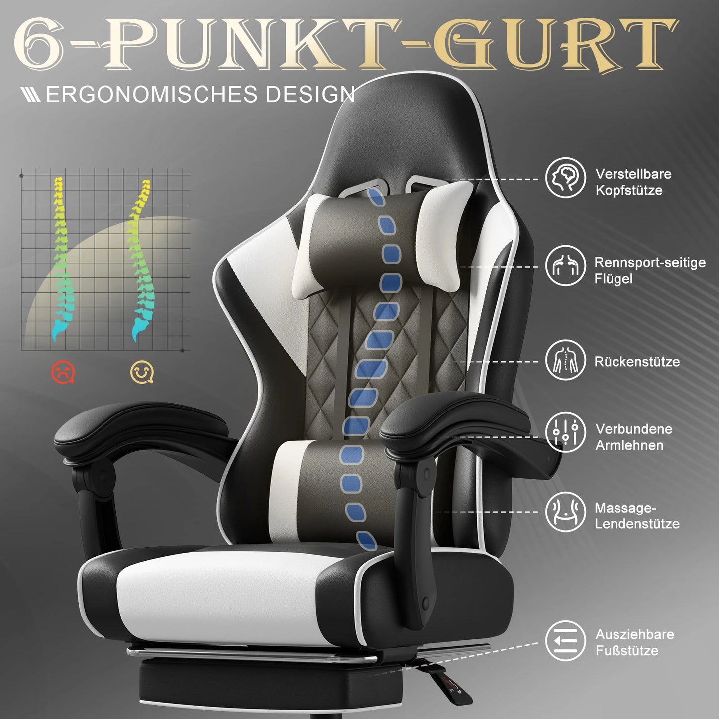 Devoko Ergonomic Massage Gaming Chair with Lumbar Support, Adjustable Height Reclining Swivel Office Chair with Headrest & Footrest
