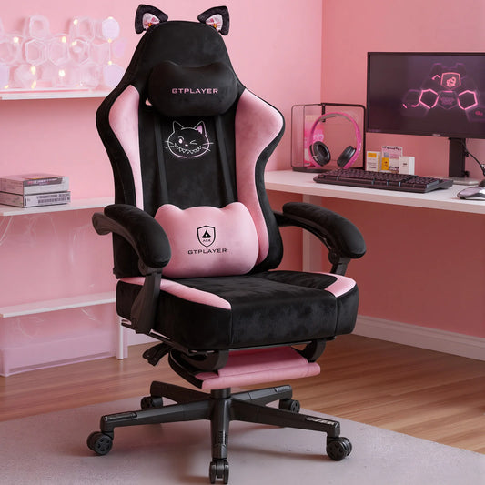 GTPLAYER Cute Gaming Chair with Cat Ears, Pink Velvet Ergonomic Gaming Chair with Footrest, Adjustable Reclining Office Gaming Chair, 150kg Capacity