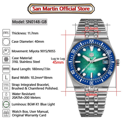 San Martin 40mm Enamel Spiral Dial Integrated Bracelet Men Diver Watch Miyota 9015 Automatic Mechanical Waterproof 200m SN0148