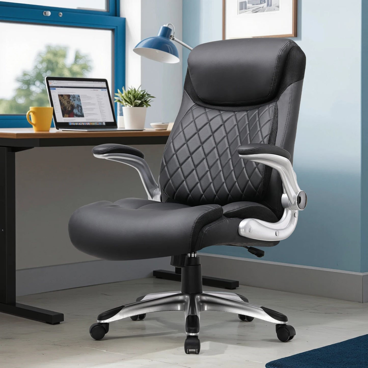 COMHOMA Ergonomic Office Chair with High Backrest, Folding Armrests, Leather Desk Chair, Adjustable Executive Swivel Chair with Lumbar Support