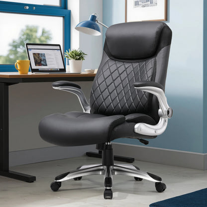 COMHOMA Ergonomic Office Chair with High Backrest, Folding Armrests, Leather Desk Chair, Adjustable Executive Swivel Chair with Lumbar Support