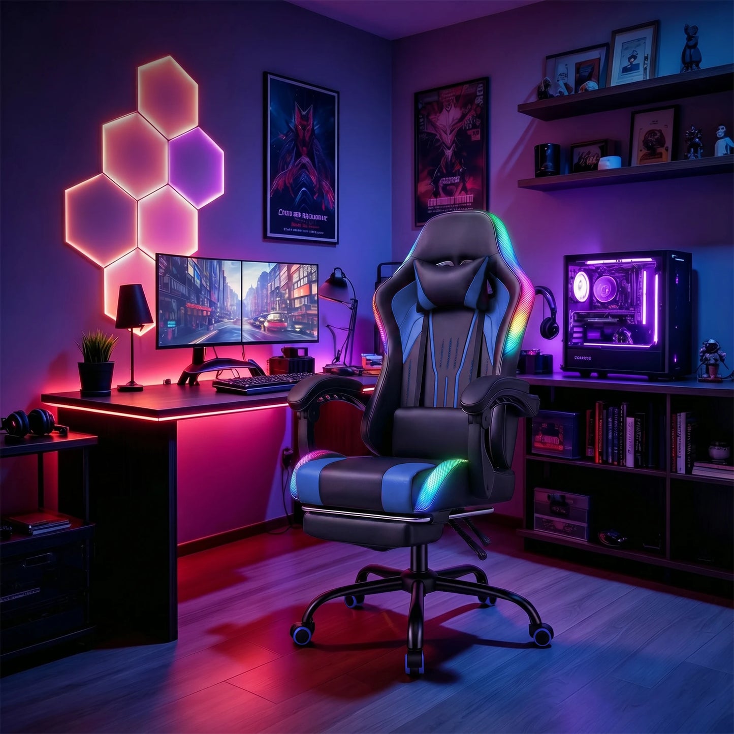 Devoko Ergonomic Gaming Chair with RGB Lighting, Footrest, Lumbar Support, Reclining Adjustable Height Computer Gaming Chair