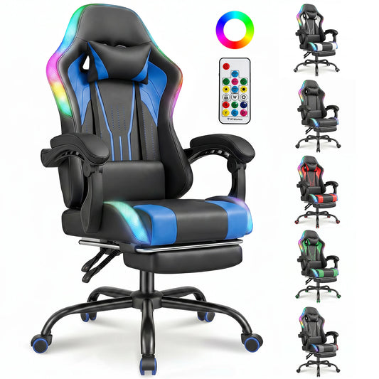 Devoko Ergonomic Gaming Chair with RGB Lighting, Footrest, Lumbar Support, Reclining Adjustable Height Computer Gaming Chair