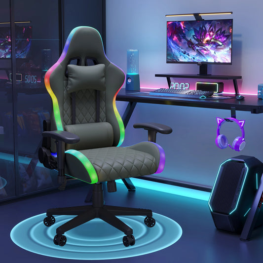 Comanlai Ergonomic Gaming Chair with RGB LED Lighting, PVC Leather Computer Chair, Adjustable Reclining Office Chair with Massage Support