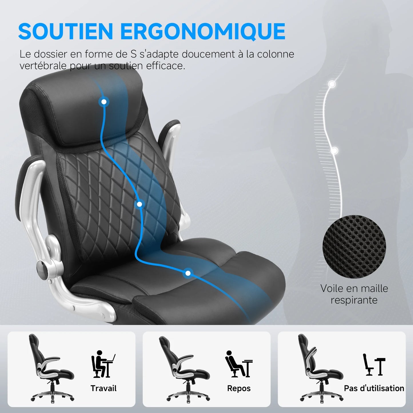 COMHOMA Ergonomic Office Chair with High Backrest, Folding Armrests, Leather Desk Chair, Adjustable Executive Swivel Chair with Lumbar Support