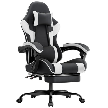 Black & White Gaming Chair, Ergonomic PU Leather Computer Chair with Footrest, Adjustable Swivel Office Chair with Lumbar Support & Headrest, Breathable High-Back Chair for Gaming & Work