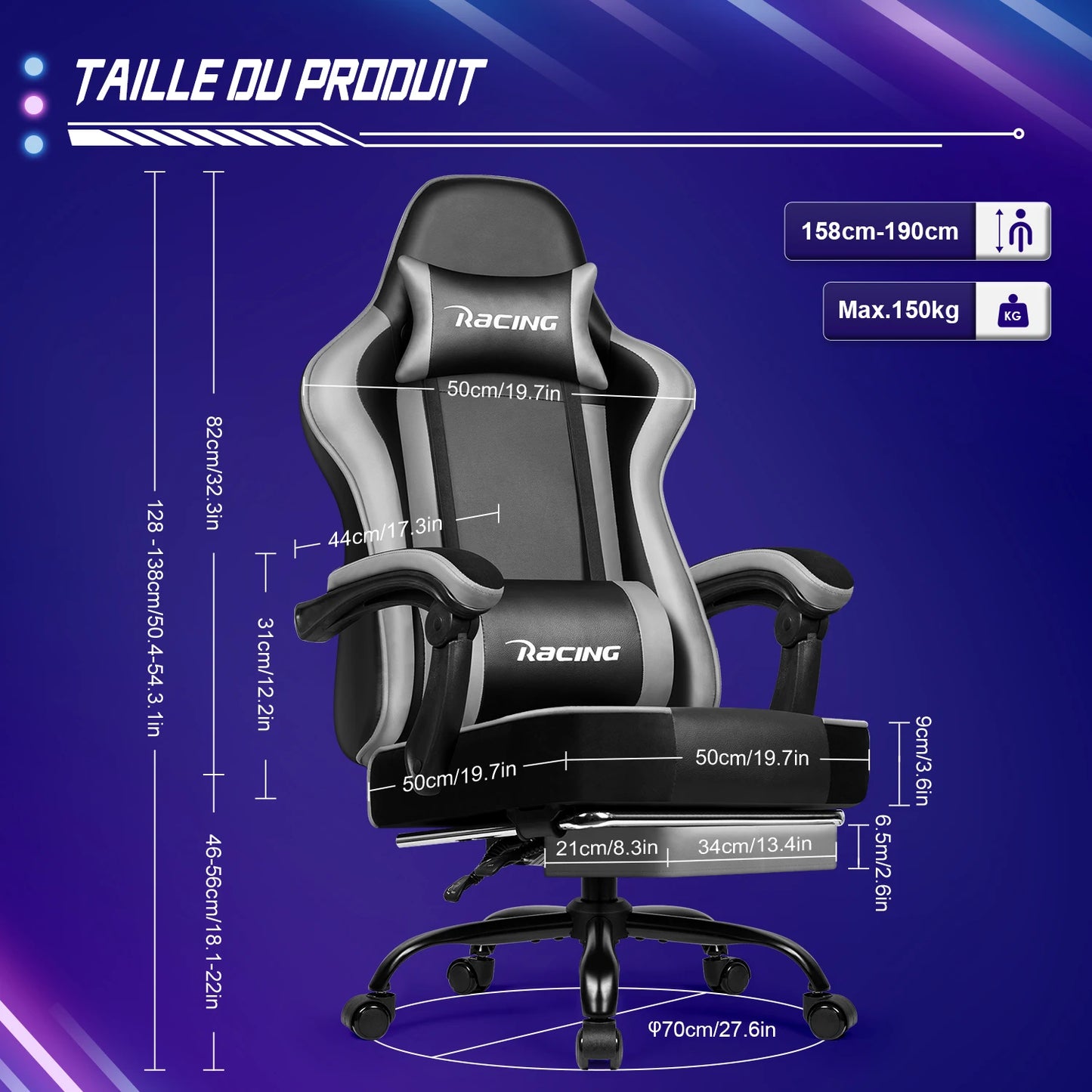 Portreen Gaming chair with footrest, ergonomic gaming chair, gaming armchair with adjustable lumbar cushion and headrest, height-adjustable swivel, rocking function up to 170°, gaming chair for up to 150 kg, black, perfect f